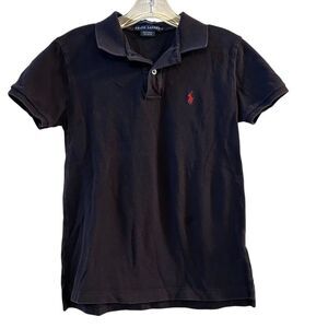 Vintage Ralph Lauren Women's Navy Polo Shirt Red Pony Logo Size S